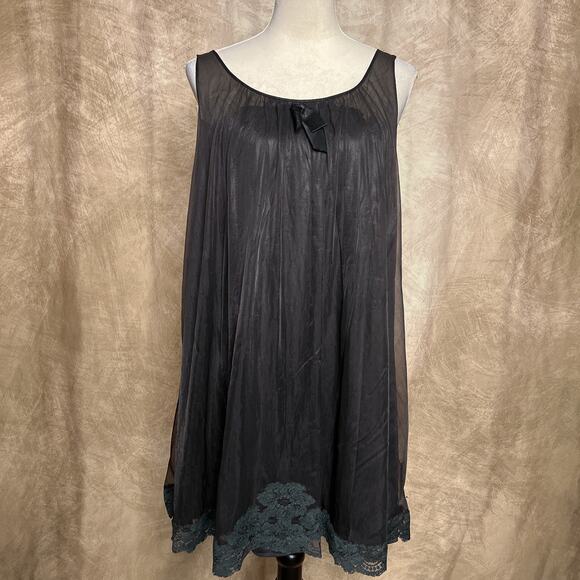 Vintage 60s Shadowline Black Sheer Sleeveless Midi Babydoll Lingerie Slip Dress - Picture 1 of 12